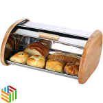 صندوق مخبوزات ستانلس إستيل بجوانب خشب