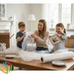 Mother wrapping household items with bubble wrap waterproof 150cm x 80m for safe moving with children