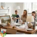 Mother wrapping household items with bubble wrap waterproof 150cm x 80m for safe moving with children