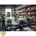 Warehouse staff wrapping large boxes with bubble wrap waterproof 150cm x 80m for moisture protection