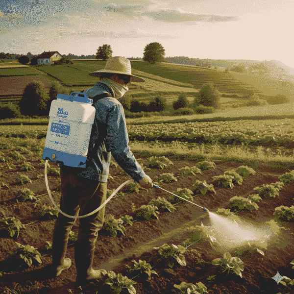 Sprayer for agricultural pesticides, fertilizers and water 20 liters man spraying farm