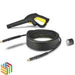 Pressure washer accessories including hoses, nozzles, wands, and various attachments arranged for powerful cleaning tasks