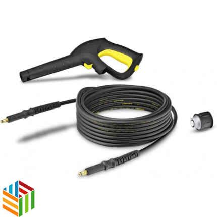 Pressure washer accessories including hoses, nozzles, wands, and various attachments arranged for powerful cleaning tasks