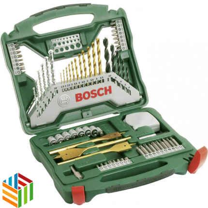 High-quality 70-piece wall drill bit and screwdriver set with level, extension, and multi-head screwdriver for home and DIY use from Bosch.
